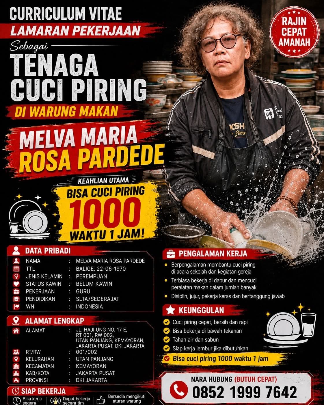 Viral! CV Lamaran Kerja Jadi Sorotan, Melva Tawarkan Cuci 1.000 Piring Per Jam